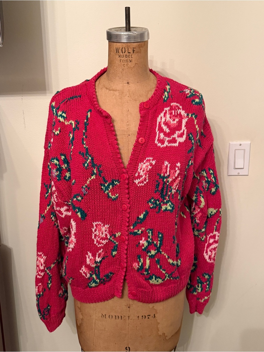 Vintage Pink Floral Knit Button-Front Cardigan